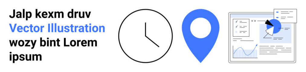 Poster - clock outline, blue location pin, and graph-filled analytics dashboard. ideal for time management, n