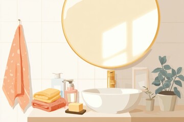 Poster - Clean and Inviting Bathroom Featuring Soft Towels, Elegant Soap, and a Clear Mirror Reflection in a Warm Atmosphere