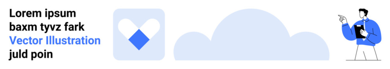 Poster - person pointing at text with clipboard, geometric heart icon, and cloud shape. ideal for technology,