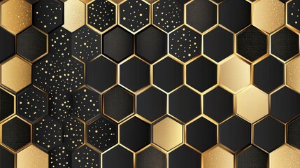 Poster - Geometric repeating ornament with hexagonal dotted elements. Geometric modern ornament. Seamless abstract modern black and golden dotted pattern illustration , no logos, no brands