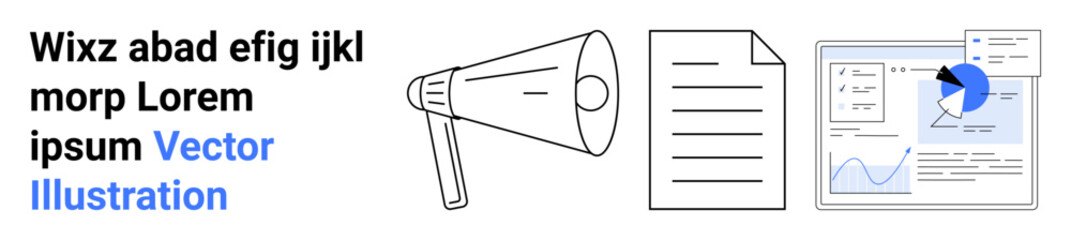 Poster - megaphone, document sheet, and financial analytics screen with pie chart and graphs. ideal for commu
