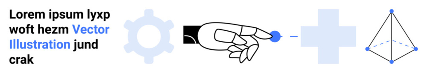 Poster - human hand interacting with a virtual screen featuring gear, plus sign, sphere, and pyramid. ideal f
