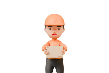 Poster - 3d Delivery courier man in orange uniform holding cardboard box icon. Safe delivery of goods concept. People minimal character illustration. Cartoon minimal style. Online delivery concept. 3d render.