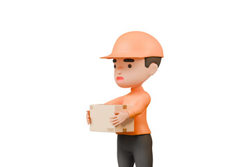 Poster - 3d Delivery courier man in orange uniform holding cardboard box icon. Safe delivery of goods concept. People minimal character illustration. Cartoon minimal style. Online delivery concept. 3d render.