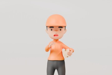 Poster - 3d Delivery courier man in orange uniform holding cardboard box icon. Safe delivery of goods concept. People minimal character illustration. Cartoon minimal style. Online delivery concept. 3d render.