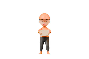 Poster - 3d Delivery courier man in orange uniform holding cardboard box icon. Safe delivery of goods concept. People minimal character illustration. Cartoon minimal style. Online delivery concept. 3d render.
