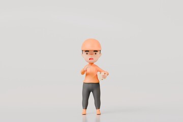Poster - 3d Delivery courier man in orange uniform holding cardboard box icon. Safe delivery of goods concept. People minimal character illustration. Cartoon minimal style. Online delivery concept. 3d render.