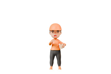 Poster - 3d Delivery courier man in orange uniform holding cardboard box icon. Safe delivery of goods concept. People minimal character illustration. Cartoon minimal style. Online delivery concept. 3d render.