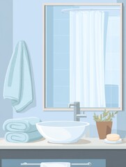 Poster - Bright and Clean Bathroom Featuring Towels, Soap, and a Mirror Reflection With a Soft Upper Third Design