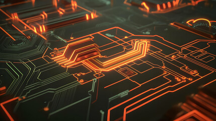 Poster - Closeup Glowing Orange Circuit Board Pattern