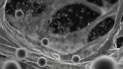 Poster - Nanoparticles interacting with a titanium lung scaffold, demonstrating microscale features that enhance cell adhesion and growth, essential for successful xenotransplantation procedures