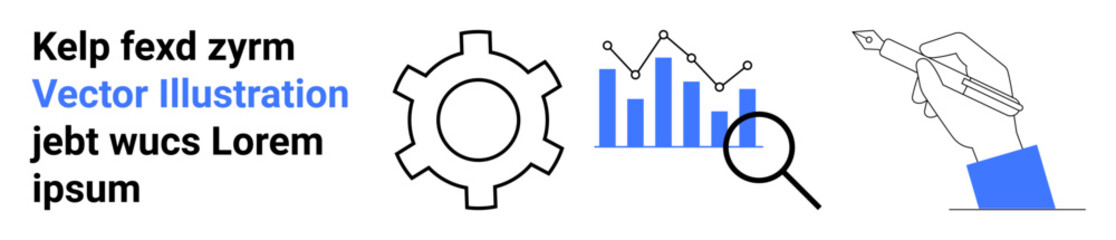 Poster - gear symbolizing productivity, bar chart with magnifying glass for data analysis, and pen in hand de
