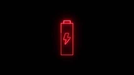 Poster - Red neon battery with lightning symbol illuminated on black background