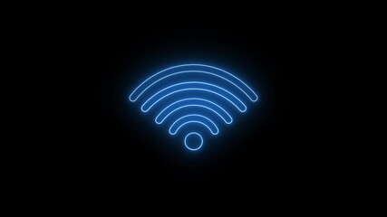Fototapete - Blue neon Wi-Fi icon pulses gently against a deep dark background. Wireless symbol reflects signal, connection, and data flow.