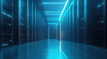 Poster - Modern data center hallway with sleek server racks and blue ambient LED lighting, representing secure cloud computing and cutting-edge digital infrastructure