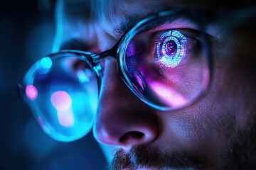 Poster - Man with bionic eye enhances vision through digital glow in a futuristic setting