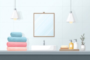 Aufkleber - Modern Clean Bathroom With Colorful Towels, Soap Dispensers, and a Mirror Reflecting Soft Light in a Serene Environment
