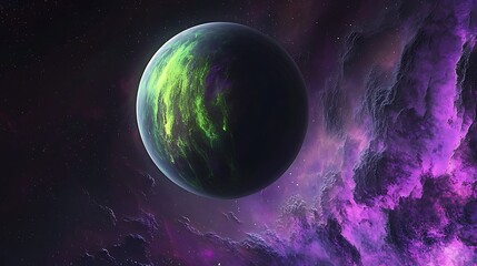 Poster - Dazzling aurora sweeping across the surface of a lonely exoplanet, set against a vibrant tapestry of purple galaxies 