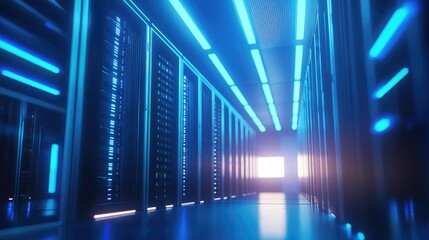 Poster - High-tech data center corridor with glowing blue ceiling and cabinet lights, featuring secure server racks and modern digital storage architecture in perspective