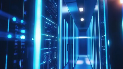 Poster - Futuristic 3D render of glowing server racks in a secure data center corridor with blue neon lighting and digital interface reflections