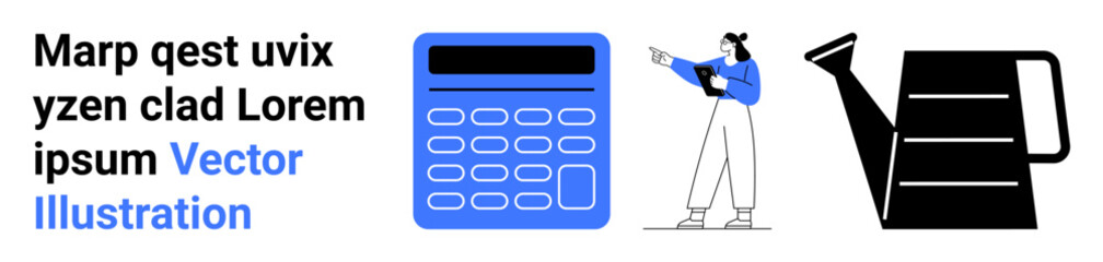 Aufkleber - calculator, person holding document and pointing ahead, watering can in minimalist style. ideal for 
