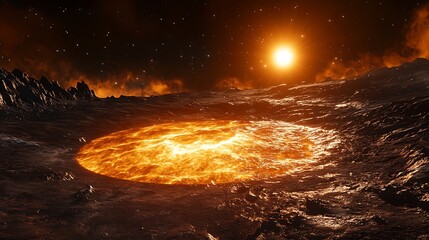 Poster - Molten protostar radiating intense orange flares, wrapped in chaotic bands of fragmented ice and rock 