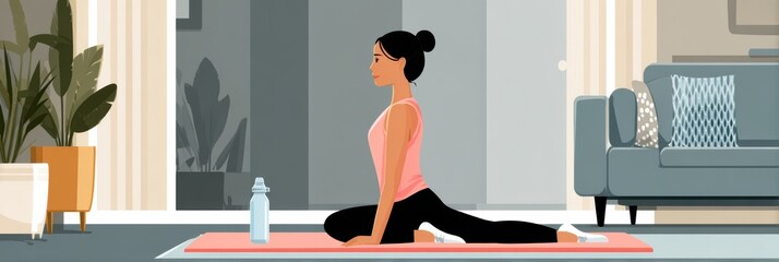 Poster - Home Fitness Routine Featuring a Person Exercising on a Mat With a Water Bottle in a Bright and Airy Living Room Setting