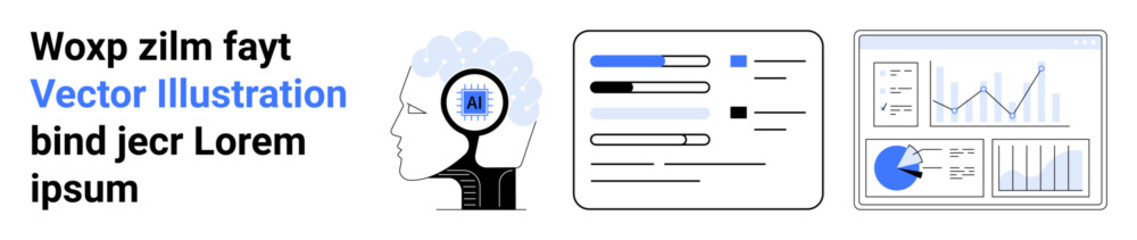 Poster - human head with gears, digital dashboard of charts, and data bars. ideal for ai, tech, data, innovat