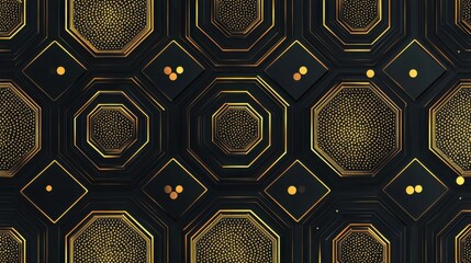 Poster - Geometric repeating ornament with hexagonal dotted elements. Geometric modern ornament. Seamless abstract modern black and golden dotted pattern illustration , no logos, no brands