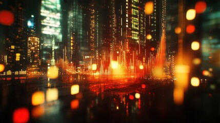 Poster - Abstract glowing big data forex candlestick chart on blurry city backdrop. Trade, technology, investment and analysis concept. Double exposure illustration , no logos, no brands