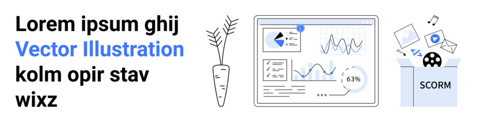 Poster - analytics dashboard with graphs, minimal vase plant, and scorm-based e-learning content. ideal for e