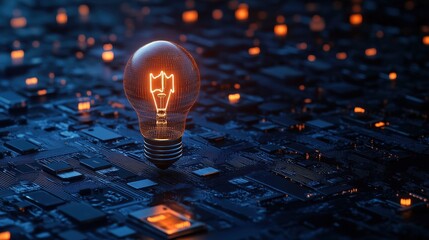 Poster - A glowing filament lightbulb floats among ai, neural, and chatbot holograms on a dark background. Concept of artificial intelligence ideation and creative innovation.