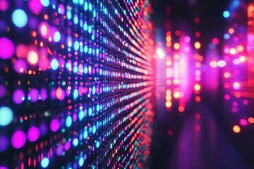Poster - Colorful LED lights illuminate a defocused background creating a vibrant atmosphere, Defocused background with colorful LED lights at the nightclub