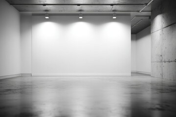 Aufkleber - Modern empty interior with large white wall, concrete floor, and ceiling lights in minimalist architectural space, perfect for design mockups or gallery presentations