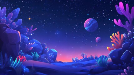 Wall Mural - Space and planet background. Cartoon galaxy, universe landscape with planets. Futuristic game scene, cosmos with stars recent vector illustration illustration , no logos, no brands