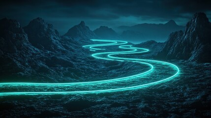 Poster - a winding path illuminated by glowing markers, showcasing a futuristic landscape of digital connecti