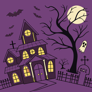 halloween banner of a haunted house with pumpkins and ghosts on an orange background