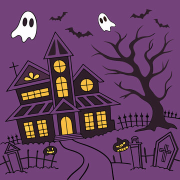 halloween banner of a haunted house with pumpkins and ghosts on an orange background