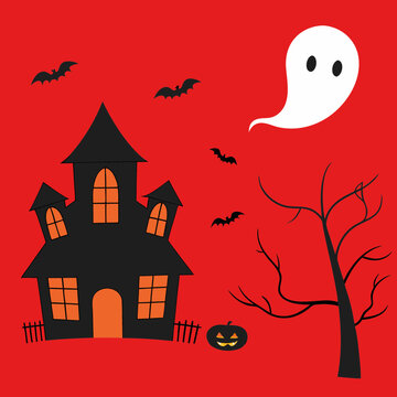 halloween banner of a haunted house with pumpkins and ghosts on an orange background