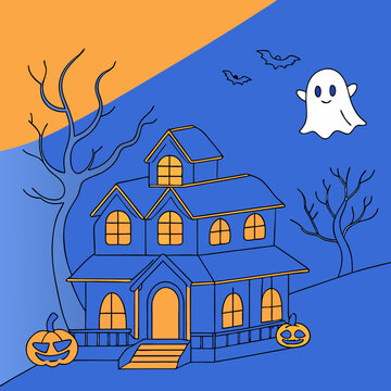 halloween banner of a haunted house with pumpkins and ghosts on an orange background