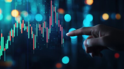 Poster - Close up of businessman hand pointing at glowing forex chart trading interface on blurry blue bokeh background. Market, economy and data exchange concept. Double exposure illustration , no logos, no 