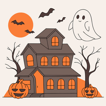 halloween banner of a haunted house with pumpkins and ghosts on an orange background