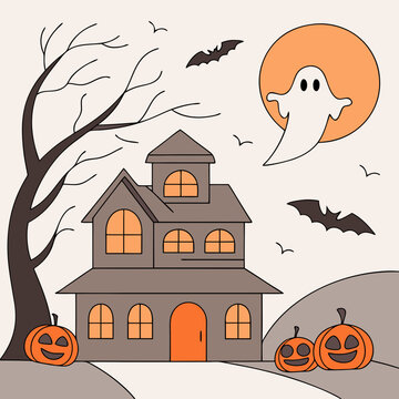 halloween banner of a haunted house with pumpkins and ghosts on an orange background