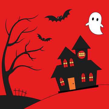halloween banner of a haunted house with pumpkins and ghosts on an orange background