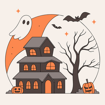 halloween banner of a haunted house with pumpkins and ghosts on an orange background