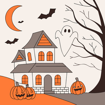 halloween banner of a haunted house with pumpkins and ghosts on an orange background