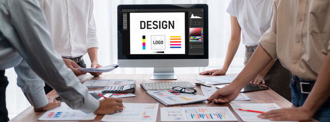 Poster - Graphic designer software for modern design of web page and commercial brisk ads showing on the computer screen