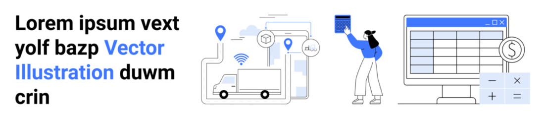 Poster - trucks moving between map pins, layered screens with data exchange, person interacting with financia