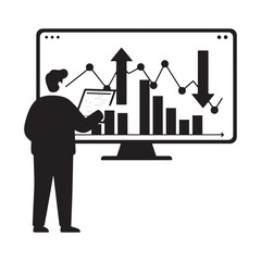 Poster - Silhouette of a person analyzing a large digital chart with upward and downward arrows