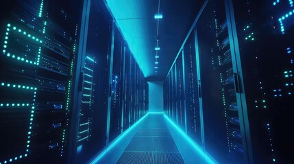 Poster - Modern illuminated data center corridor with rows of powerful servers and glowing blue lights, ideal for cloud computing, network infrastructure, or cybersecurity visuals